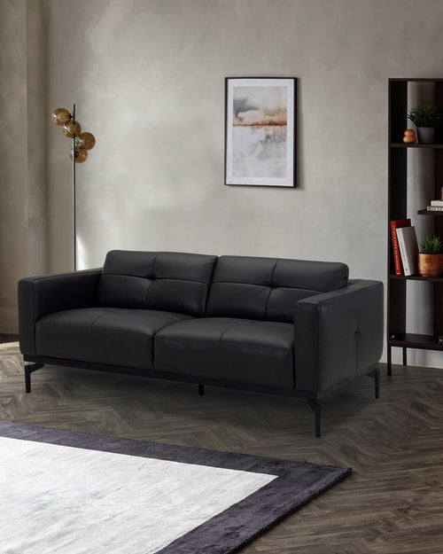 Black Leather Two-seater Sofa For Living Room
