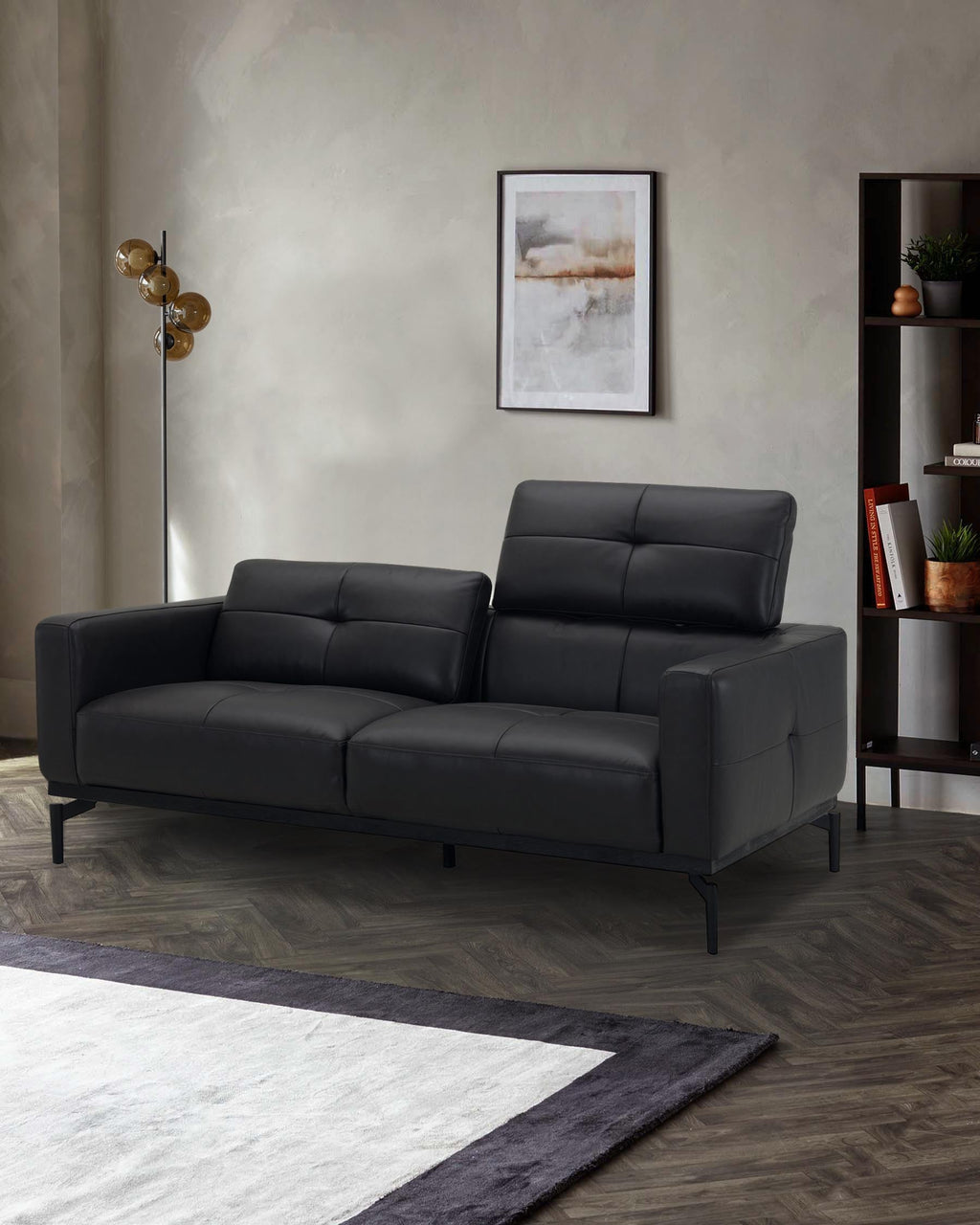 Black Leather Two-seater Sofa For Living Room