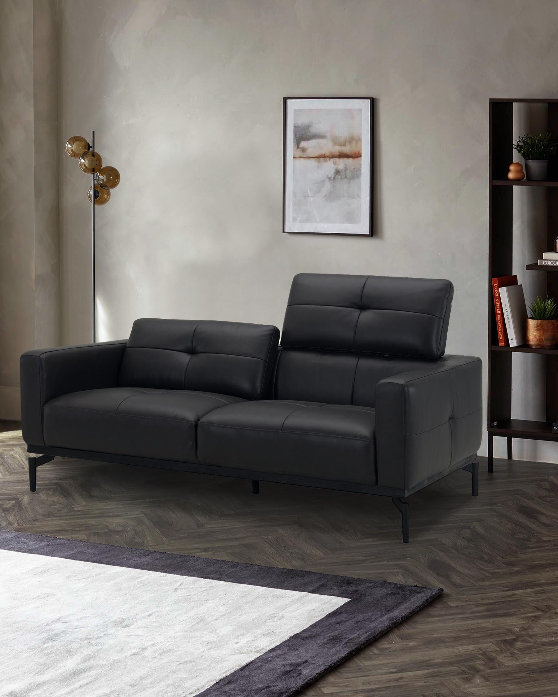 Black Leather Two-seater Sofa For Living Room