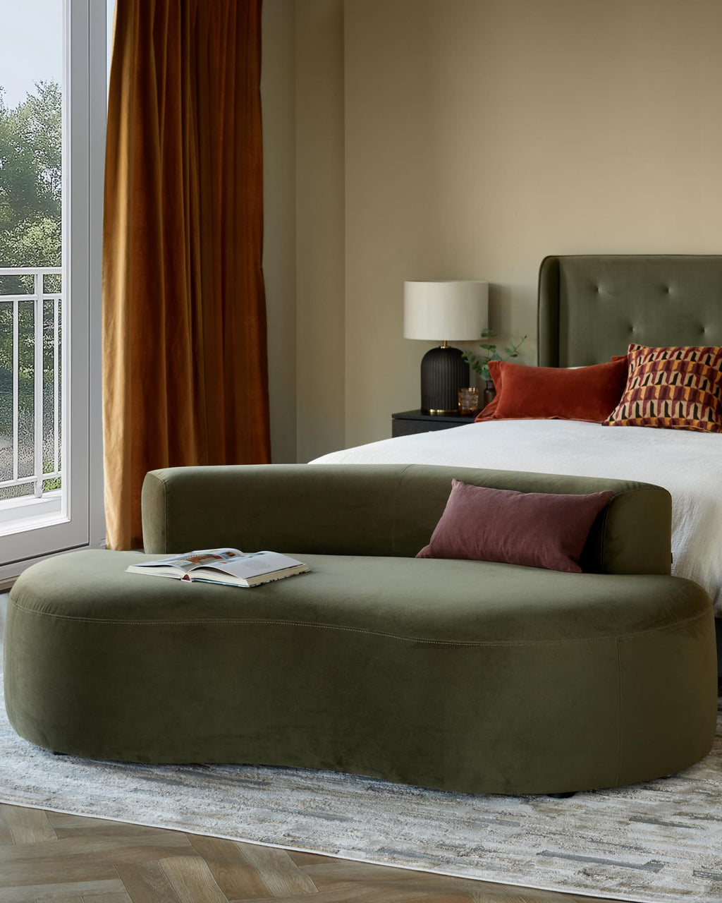 Olive Green Velvet Two-seater Sofa For Living Room