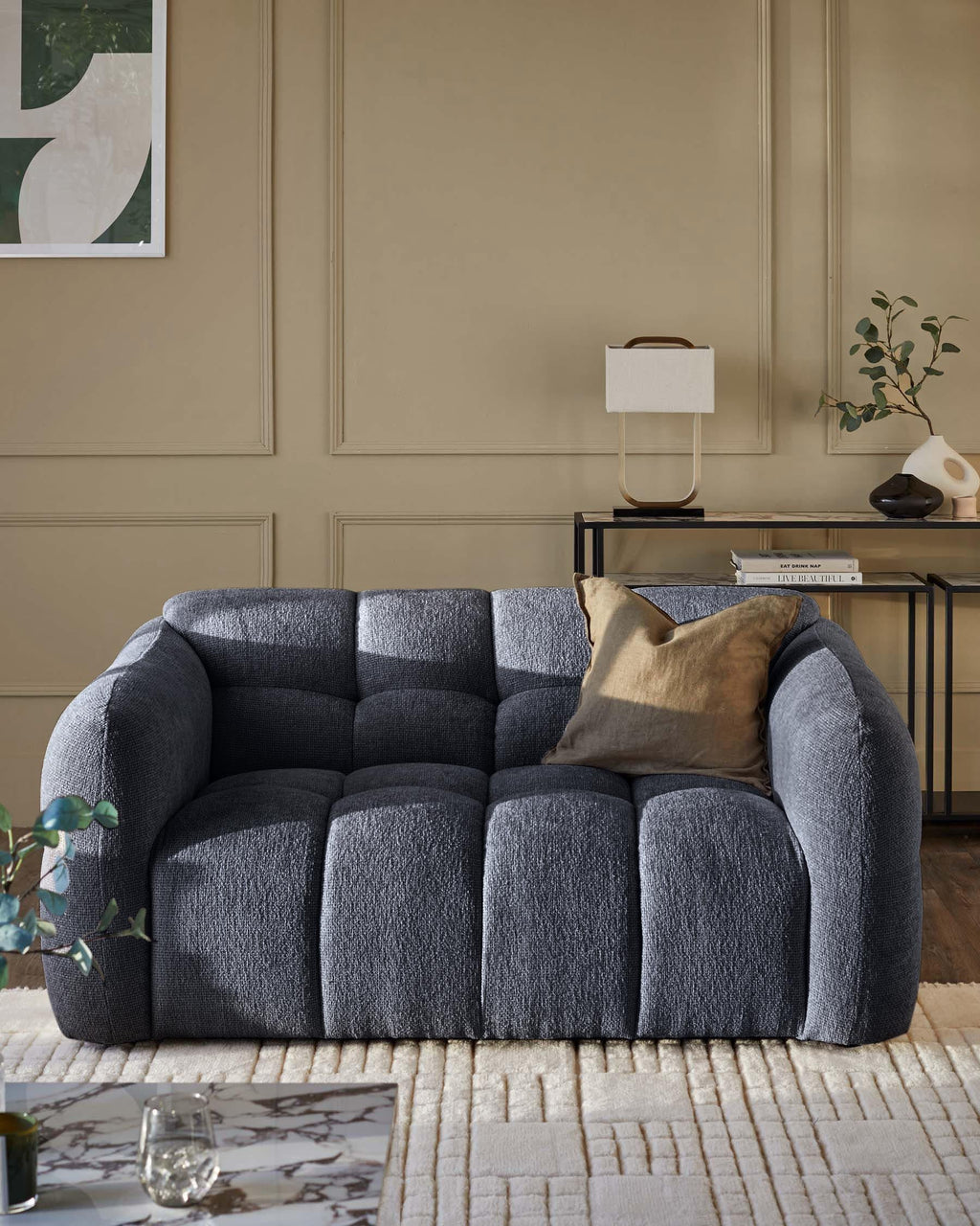 Dark Blue Fabric Two-seater Sofa For Living Room