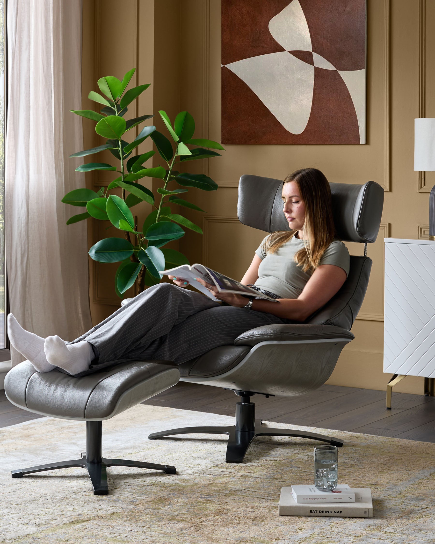 Modern Leather Swivel Recliner Chair with Matching Footstool