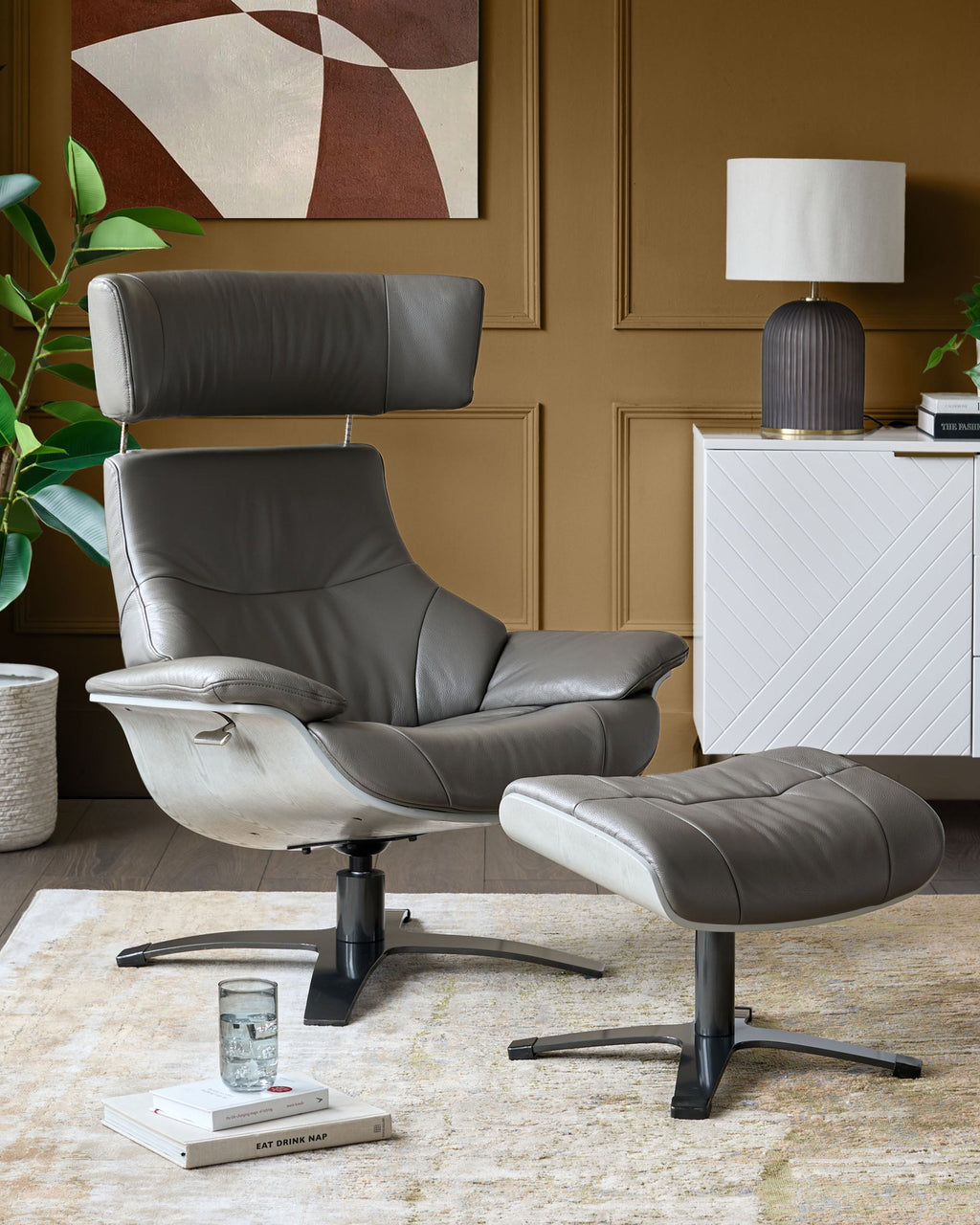 Modern Leather Swivel Recliner Chair with Matching Footstool