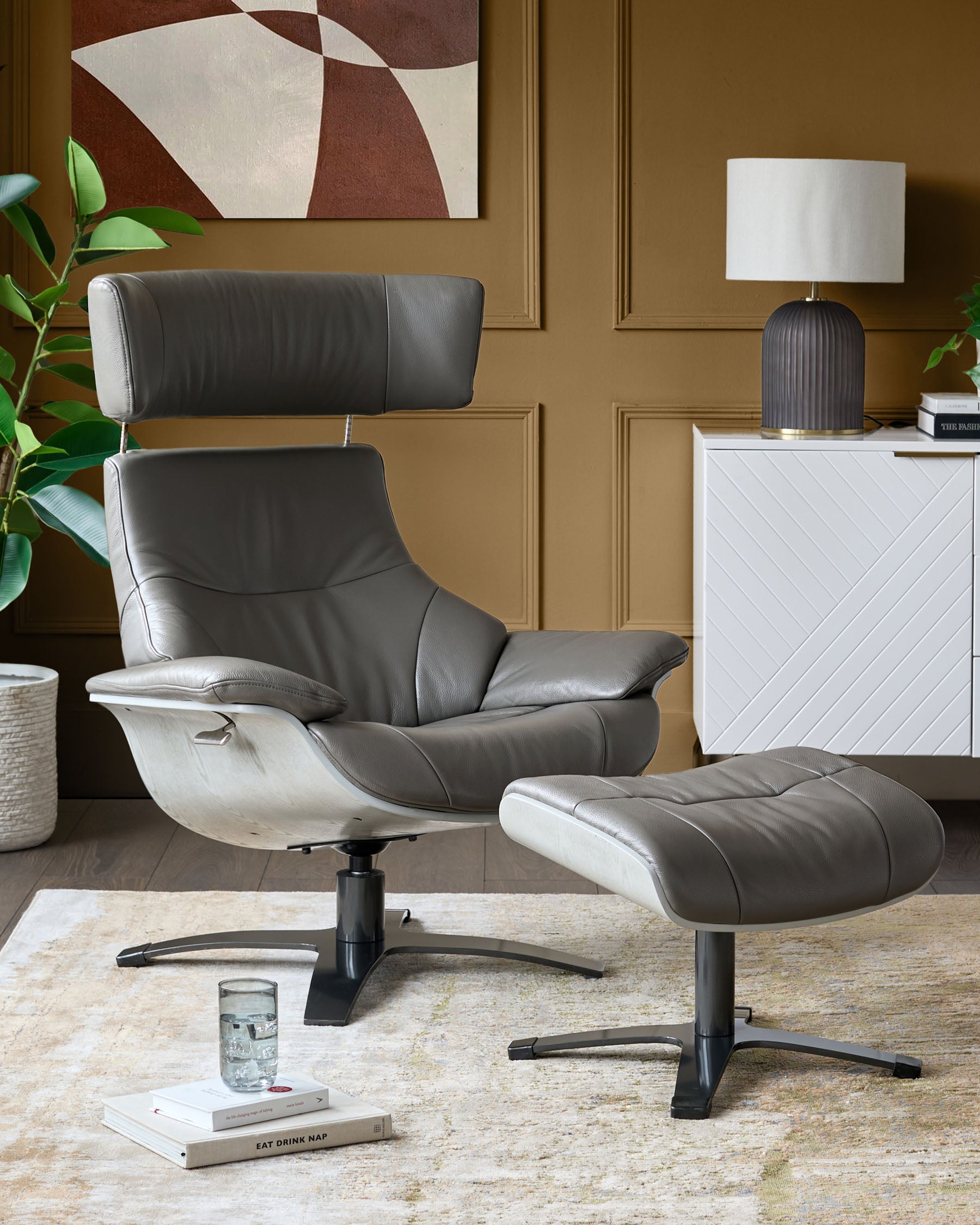 Modern Leather Swivel Recliner Chair with Matching Footstool