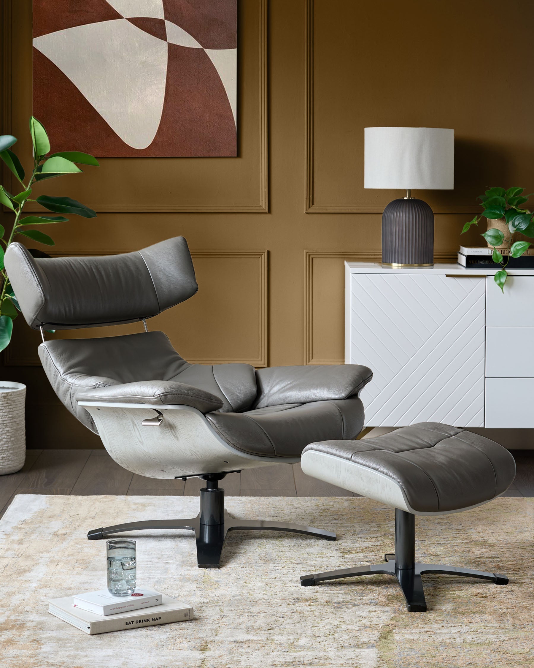 Modern Leather Swivel Recliner Chair with Matching Footstool
