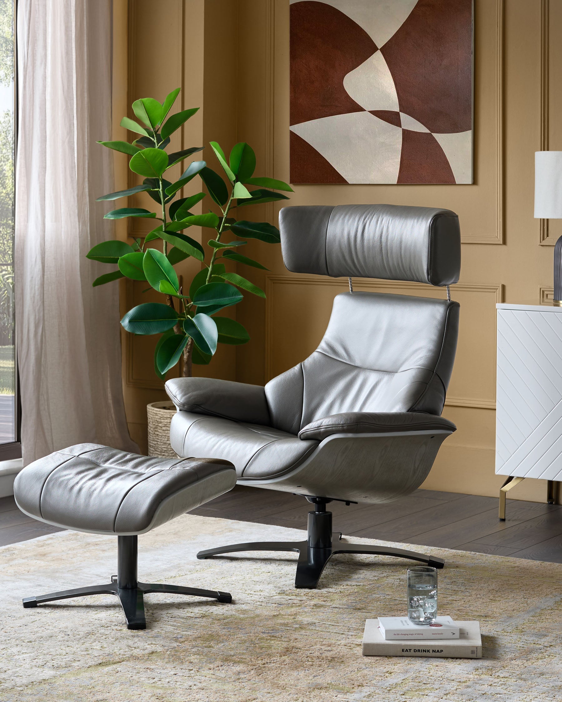 Modern Leather Swivel Recliner Chair with Matching Footstool