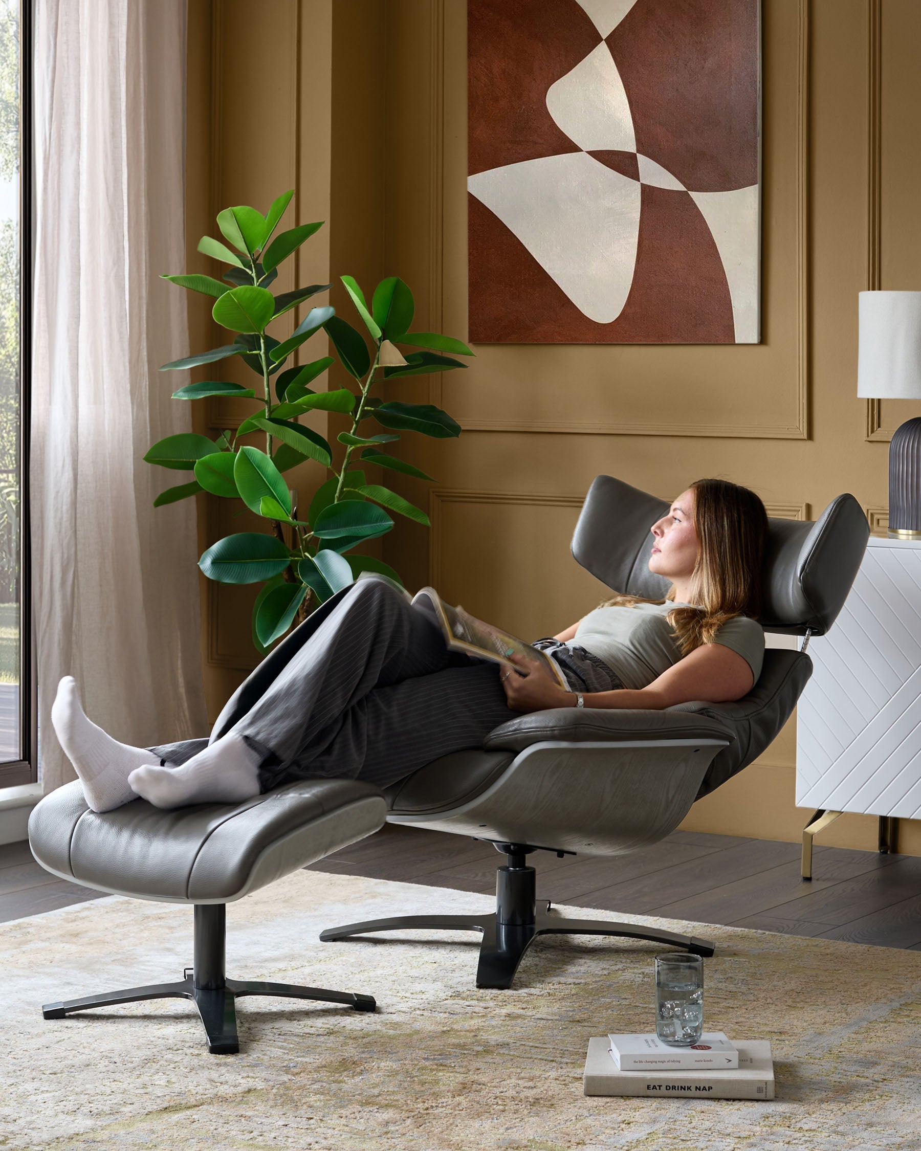Modern Leather Swivel Recliner Chair with Matching Footstool