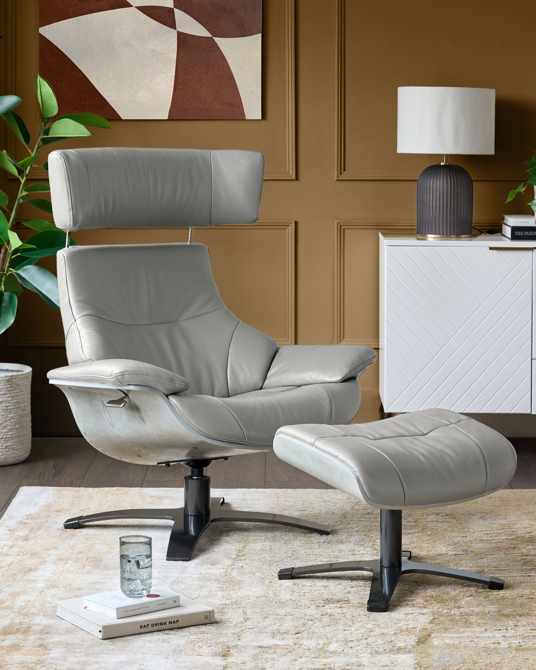 Modern Leather Swivel Recliner Chair with Matching Footstool