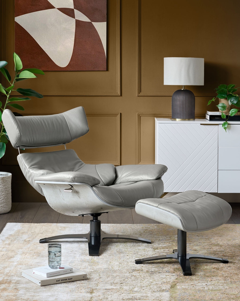 Modern Leather Swivel Recliner Chair with Matching Footstool