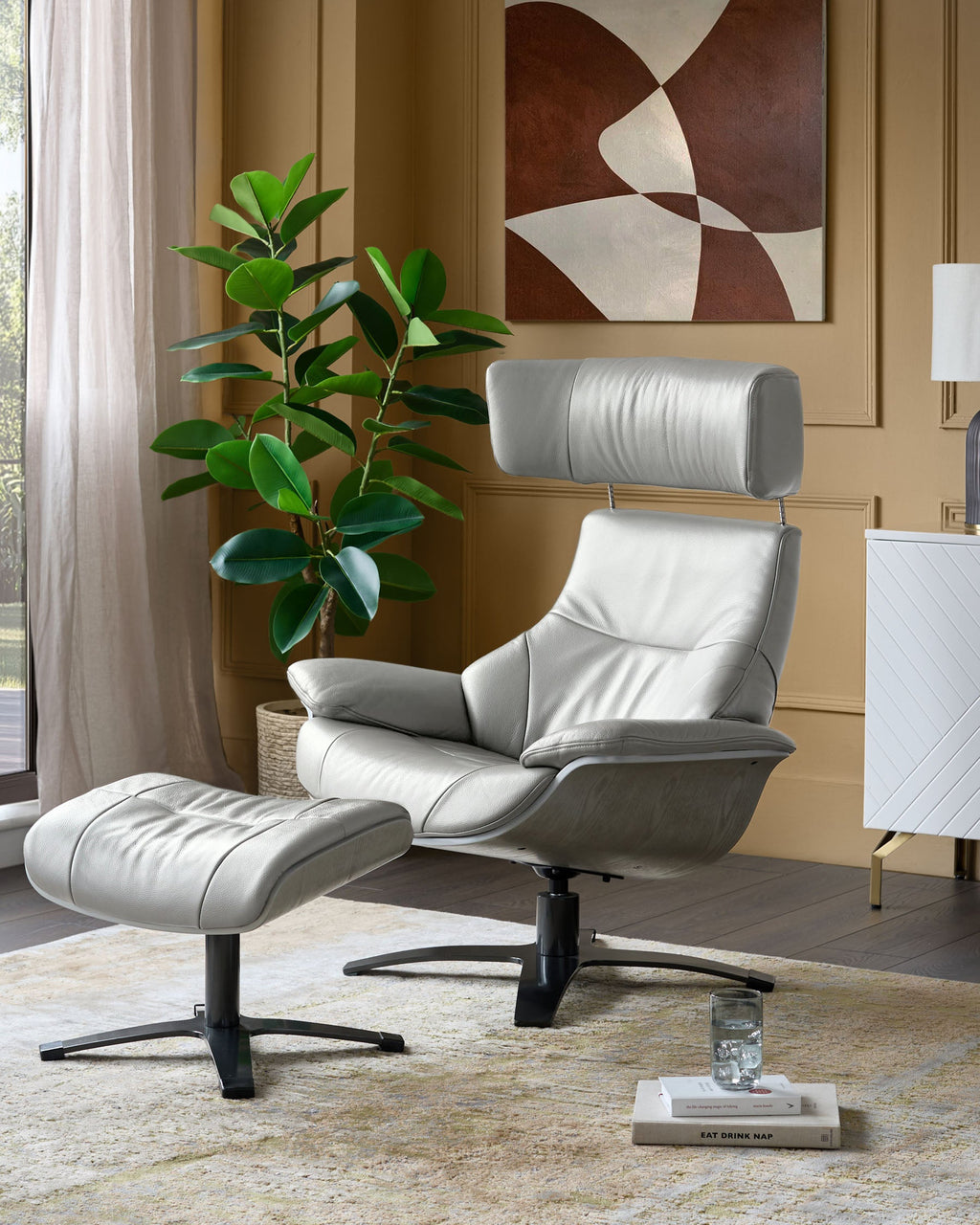 Modern Leather Swivel Recliner Chair with Matching Footstool