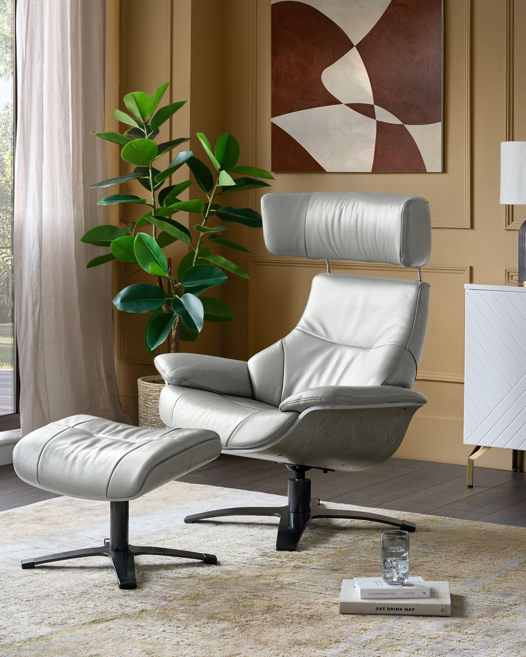 Modern Leather Swivel Recliner Chair with Matching Footstool