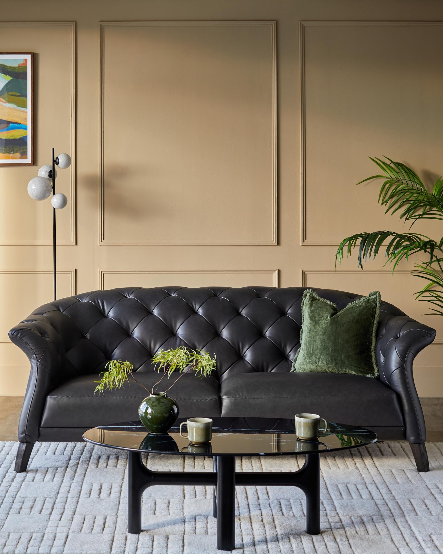 Black Leather Two-seater Sofa For Living Room