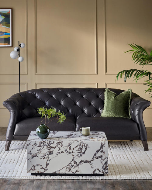 Black Leather Two-seater Sofa For Living Room