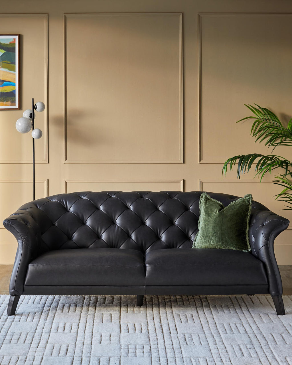 Black Leather Two-seater Sofa For Living Room