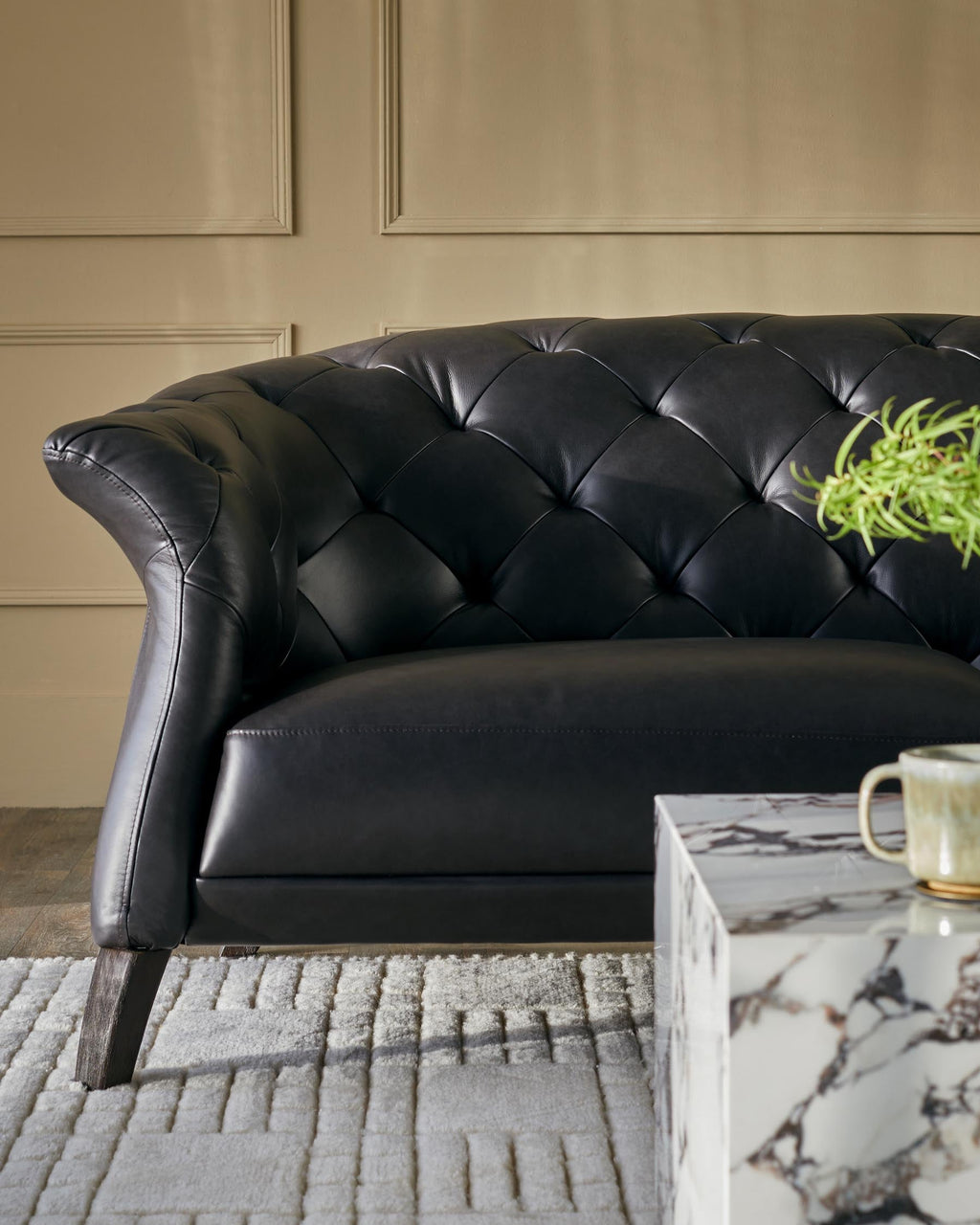 Black Leather Two-seater Sofa For Living Room