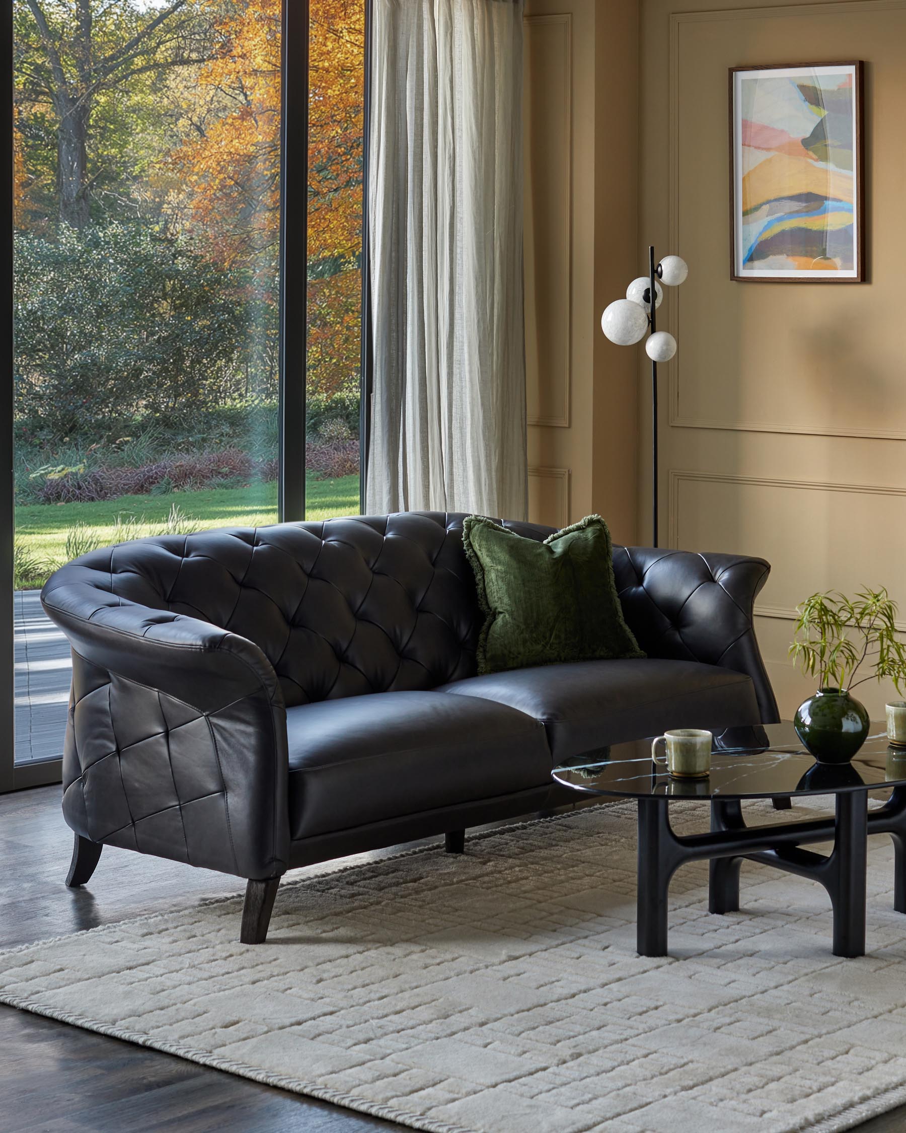 Black Leather Two-seater Sofa For Living Room