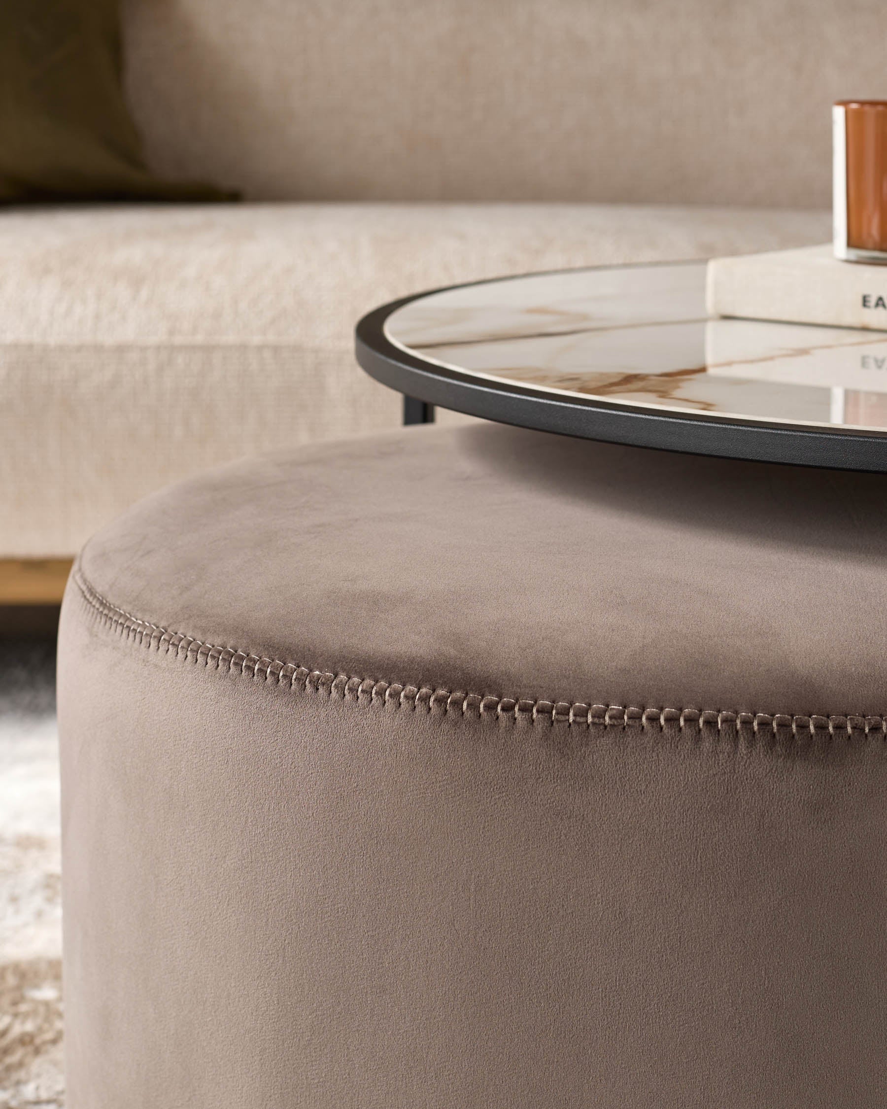 Round Coffee Table and Pouffe Set for Modern Living