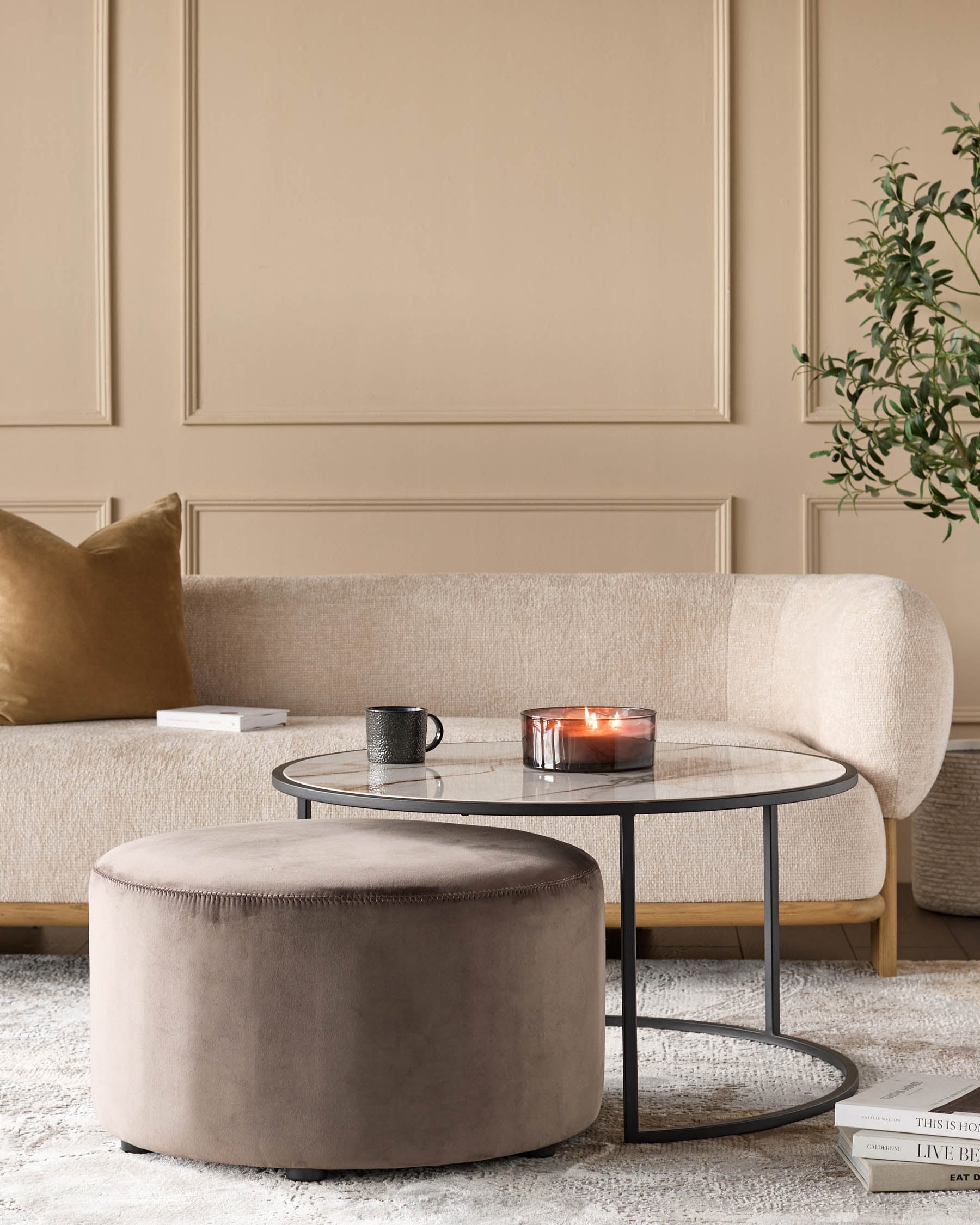 Round Coffee Table and Pouffe Set for Modern Living