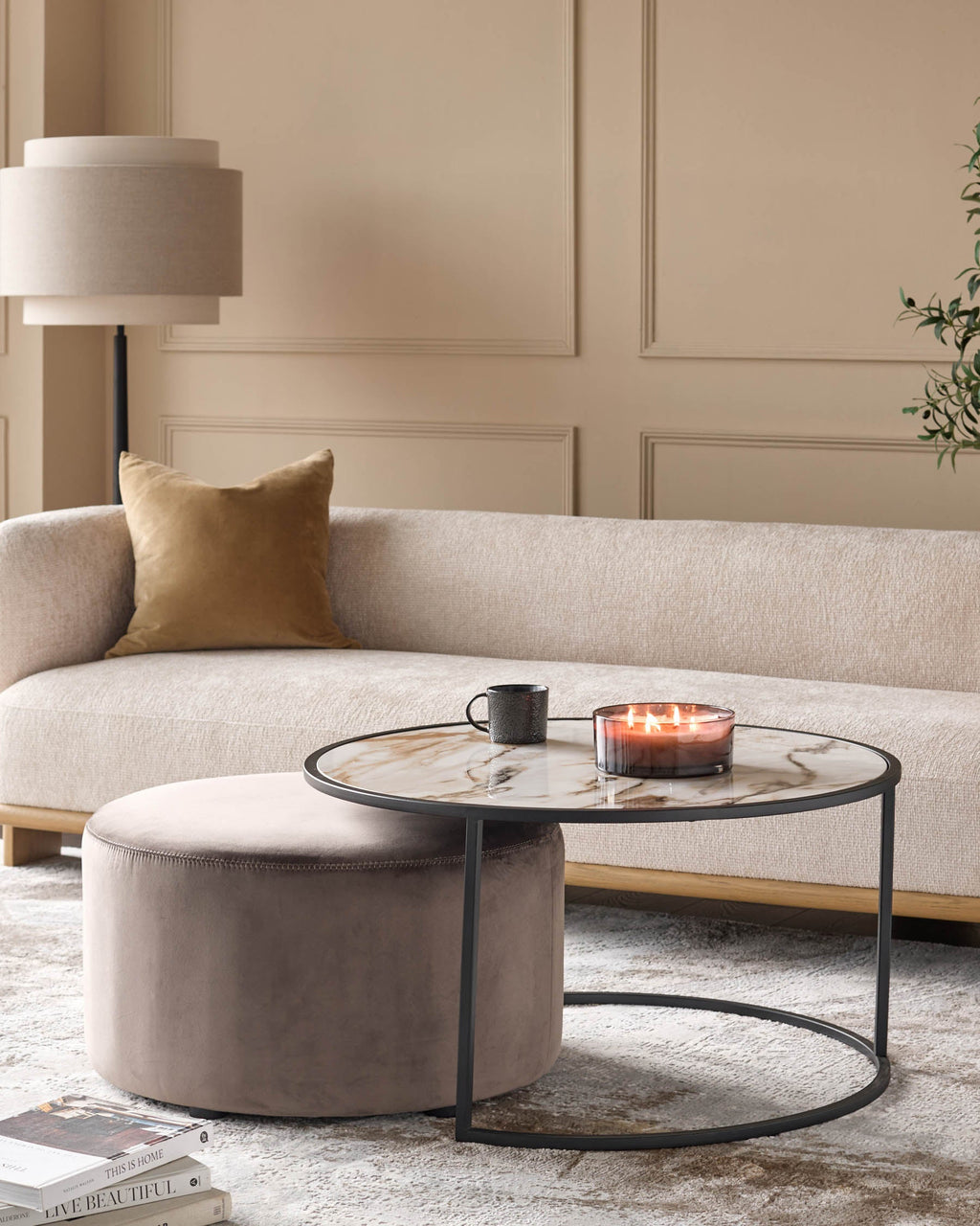 Round Coffee Table and Pouffe Set for Modern Living
