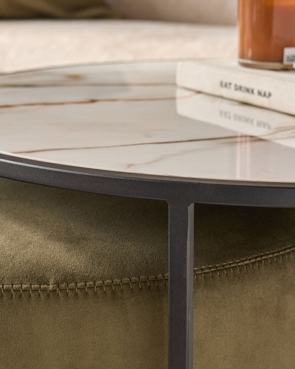 Round Coffee Table and Pouffe Set for Modern Living