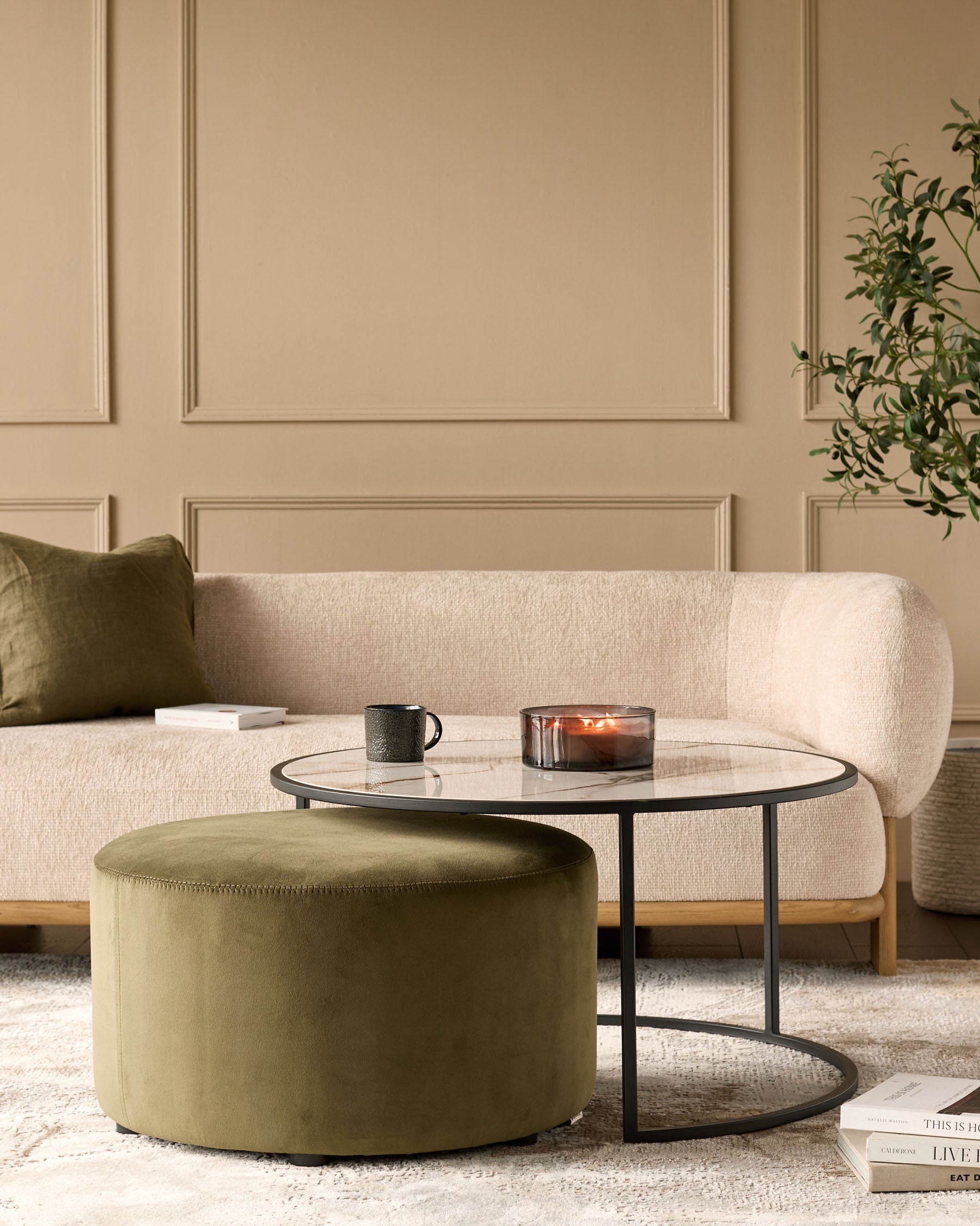 Round Coffee Table and Pouffe Set for Modern Living
