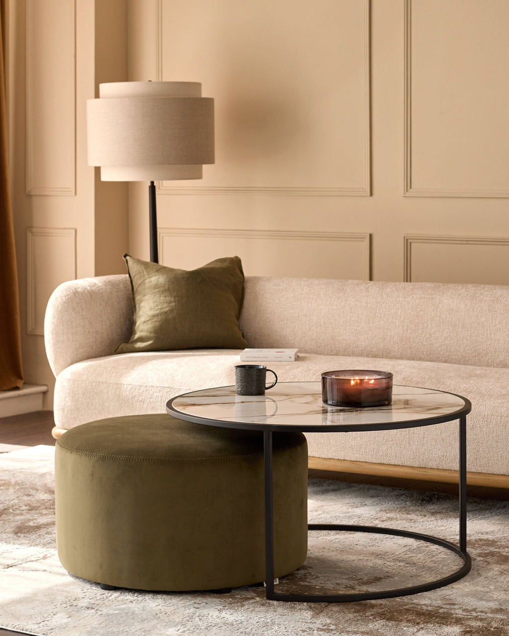 Round Coffee Table and Pouffe Set for Modern Living