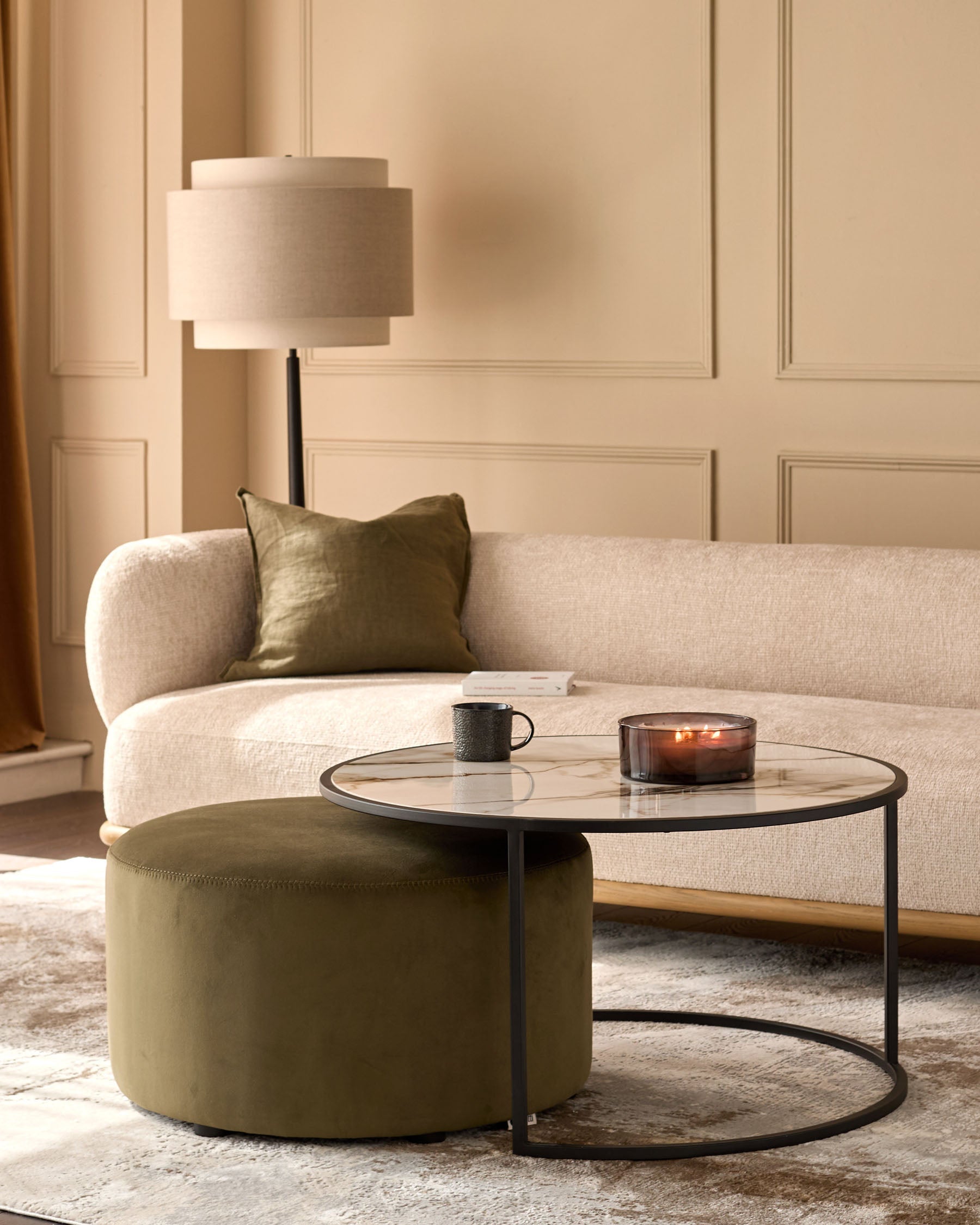 Round Coffee Table and Pouffe Set for Modern Living