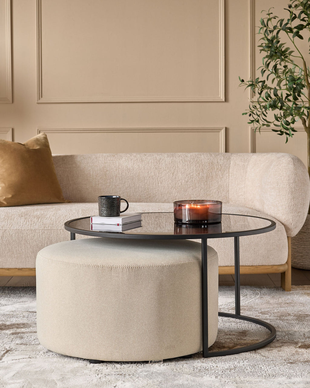 Round Coffee Table and Pouffe Set for Modern Living