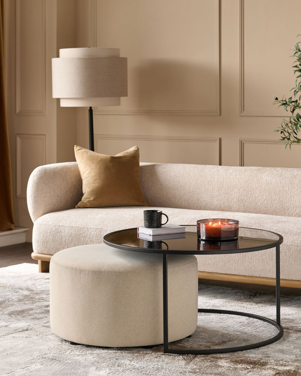 Round Coffee Table and Pouffe Set for Modern Living