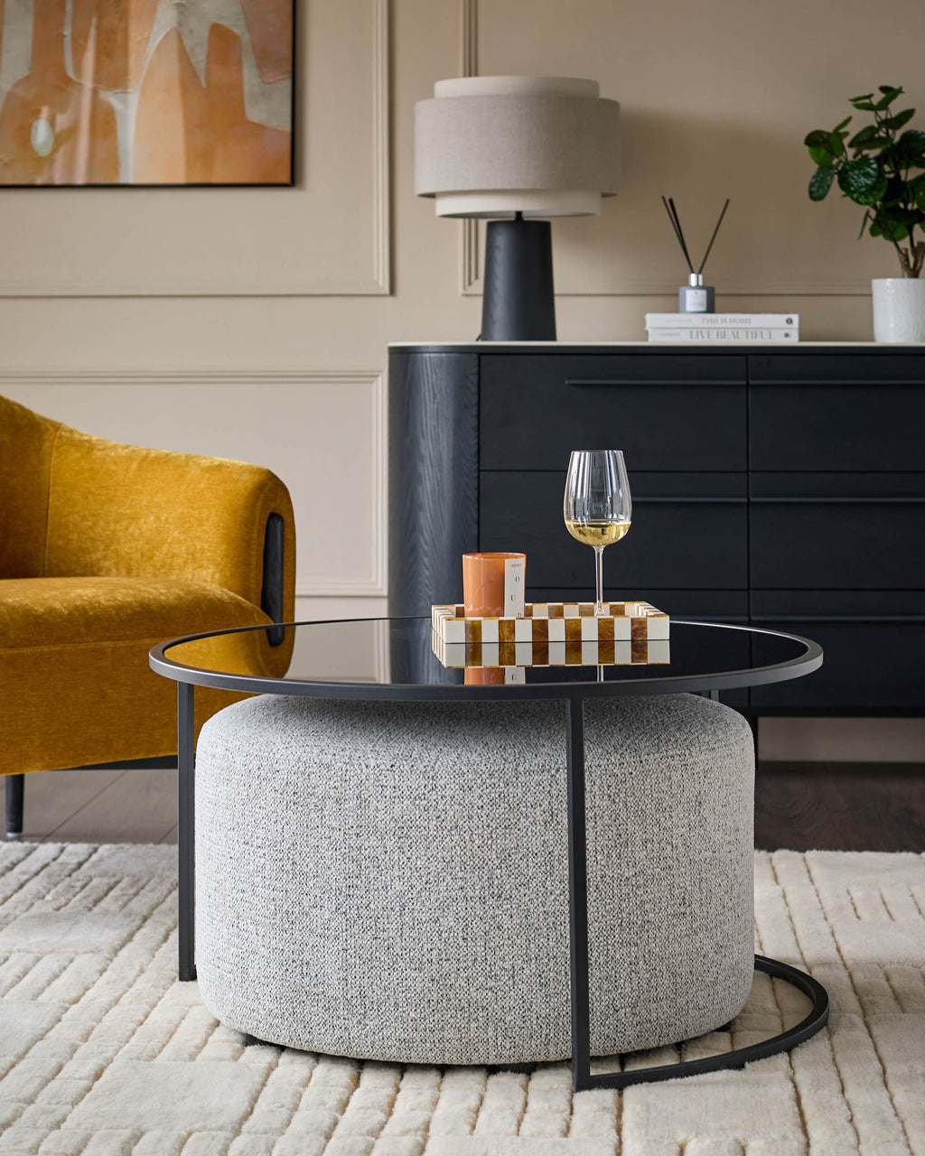 Round Coffee Table and Pouffe Set for Modern Living