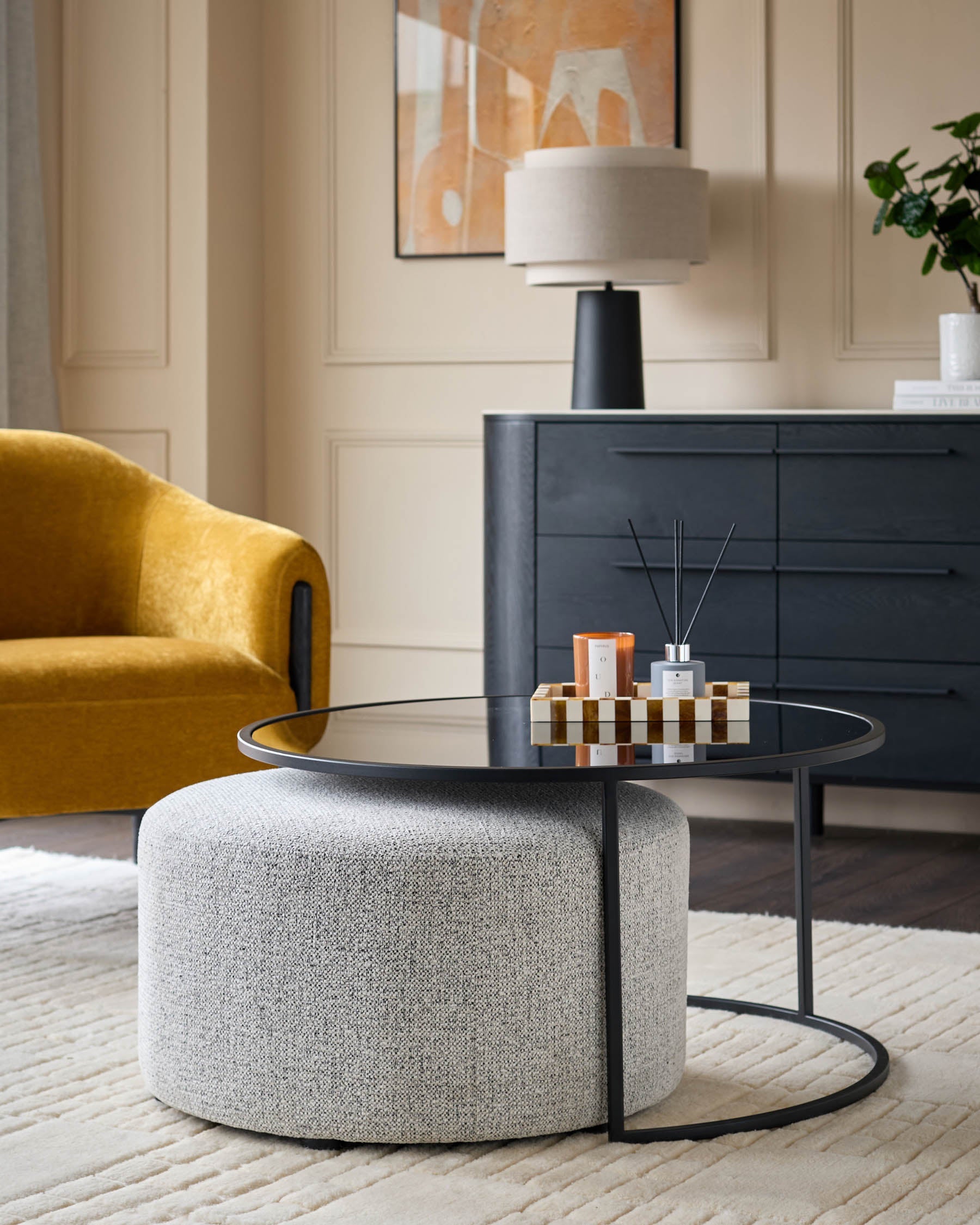 Round Coffee Table and Pouffe Set for Modern Living