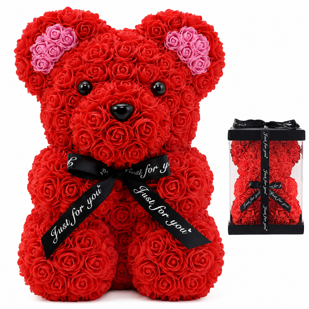 Rose Bear Gift with Transparent Box, 10 Inch Artificial Rose Teddy Bear for Women, Romantic Birthday, Anniversary, Valentine’s Day, Mother’s Day and Wedding Gift