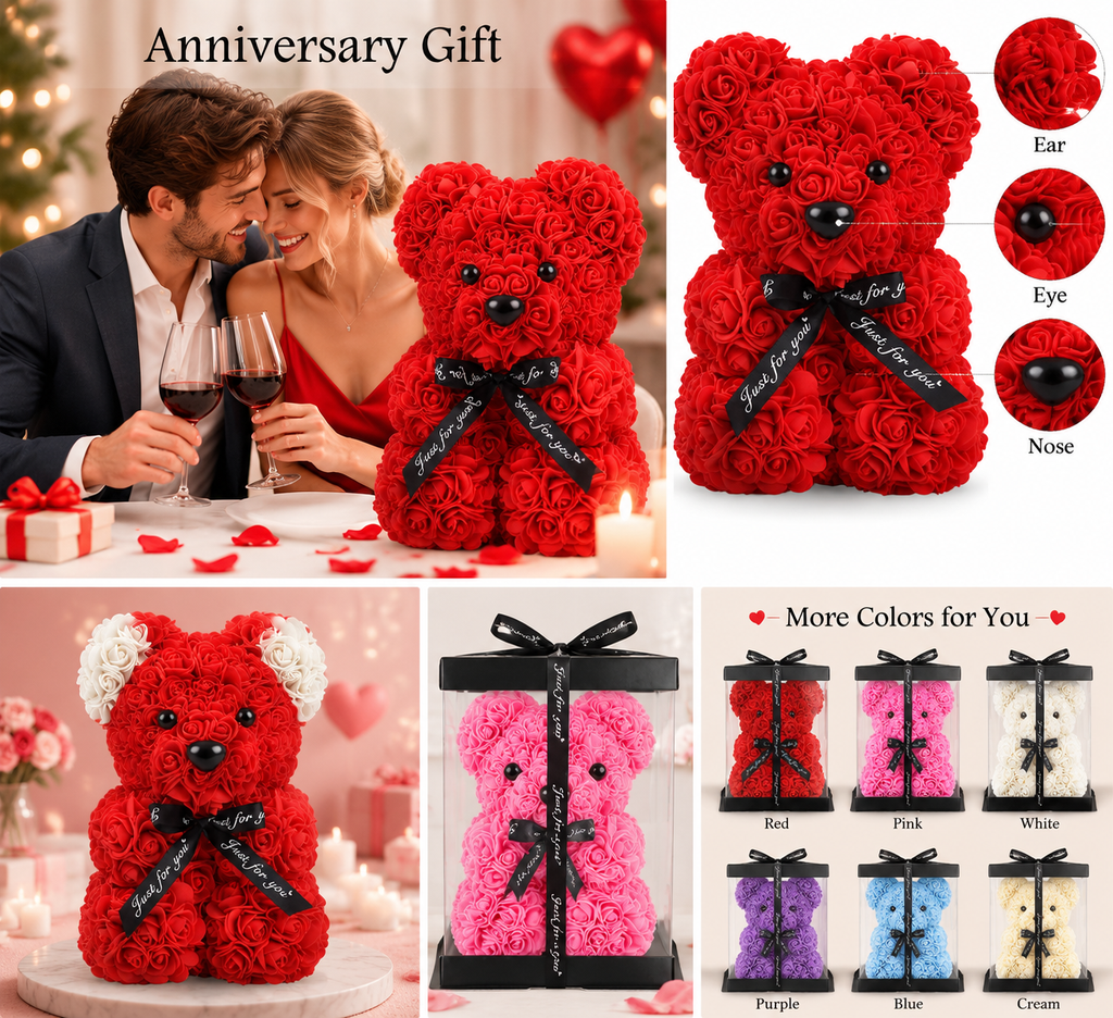 Rose Bear Gift with Transparent Box, 10 Inch Artificial Rose Teddy Bear for Women, Romantic Birthday, Anniversary, Valentine’s Day, Mother’s Day and Wedding Gift