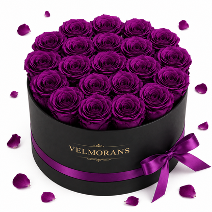 Velmorans Round Preserved Rose Box with 27 Roses, Decorative Floral Gift, 8.94 x 8.94 x 5.51 Inches