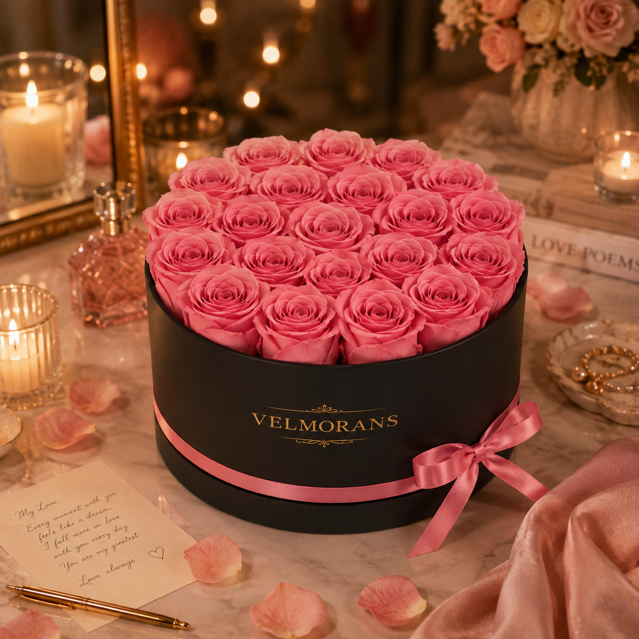 Velmorans Round Preserved Rose Box with 27 Roses, Decorative Floral Gift, 8.94 x 8.94 x 5.51 Inches