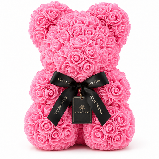 Velmorans 10-Inch Rose Bear with Branded Ribbon, Decorative Floral Gift for Birthdays, Anniversaries and Special Occasions
