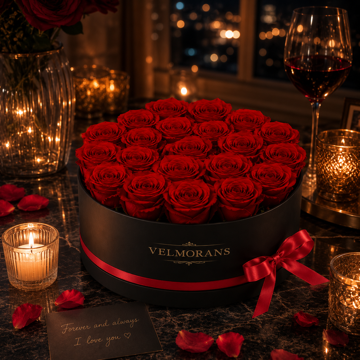 Velmorans Round Preserved Rose Box with 27 Roses, Decorative Floral Gift, 8.94 x 8.94 x 5.51 Inches