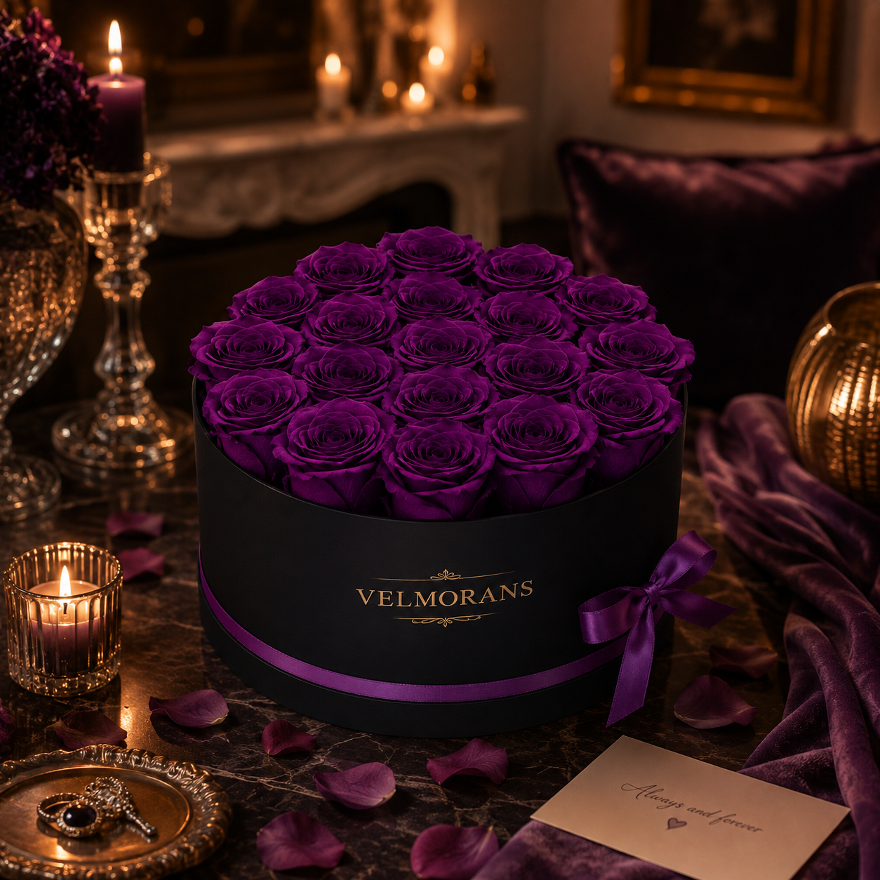 Velmorans Round Preserved Rose Box with 27 Roses, Decorative Floral Gift, 8.94 x 8.94 x 5.51 Inches