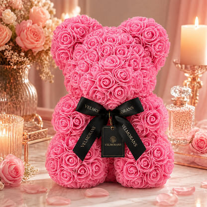 Velmorans 10-Inch Rose Bear with Branded Ribbon, Decorative Floral Gift for Birthdays, Anniversaries and Special Occasions