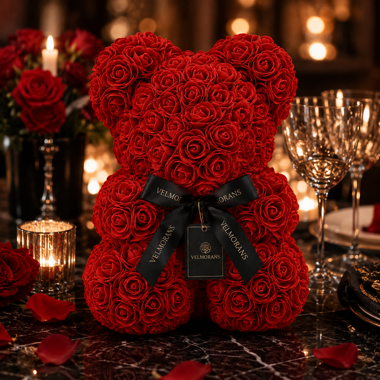 Velmorans 10-Inch Rose Bear with Branded Ribbon, Decorative Floral Gift for Birthdays, Anniversaries and Special Occasions