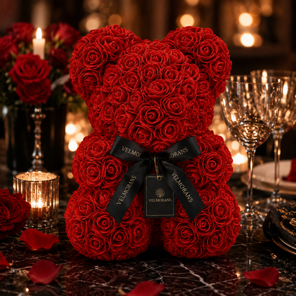 Velmorans 10-Inch Rose Bear with Branded Ribbon, Decorative Floral Gift for Birthdays, Anniversaries and Special Occasions
