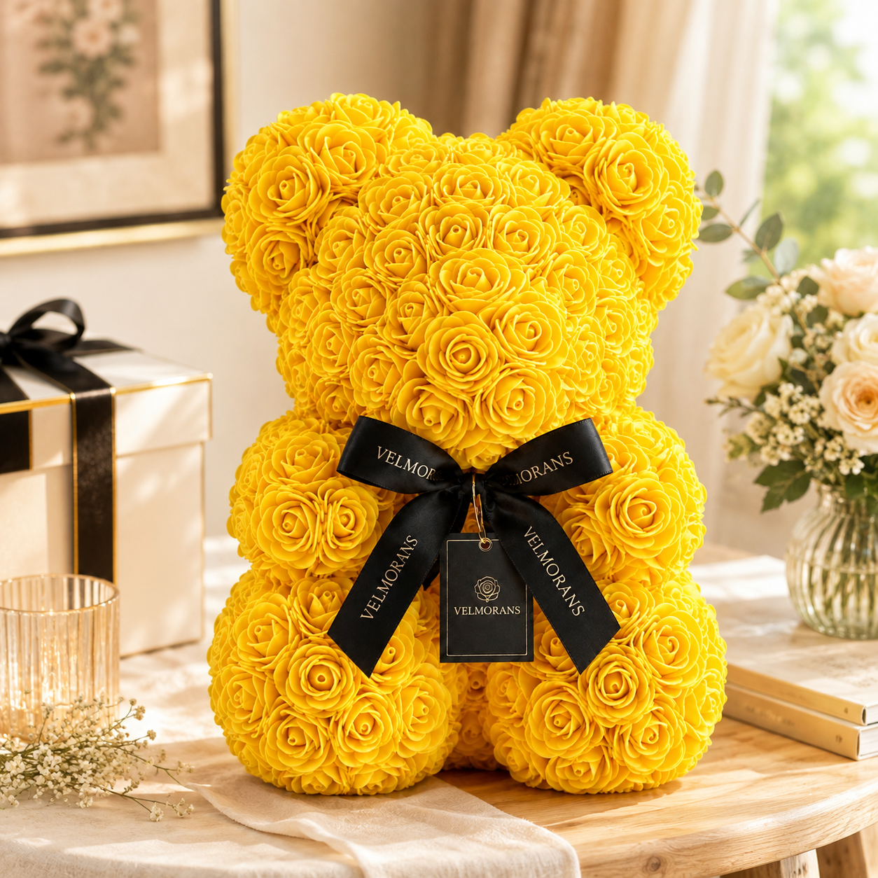 Velmorans 10-Inch Rose Bear with Branded Ribbon, Decorative Floral Gift for Birthdays, Anniversaries and Special Occasions