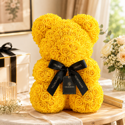 Velmorans 10-Inch Rose Bear with Branded Ribbon, Decorative Floral Gift for Birthdays, Anniversaries and Special Occasions