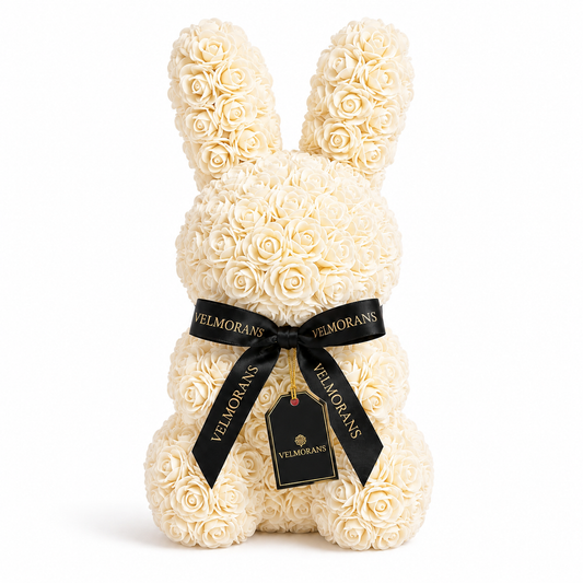 Velmorans Artificial Rose Bunny with Branded Ribbon, Decorative Floral Gift for Home Decor and Special Occasions