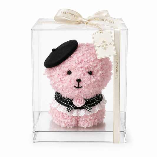 Velmorans Handcrafted Artificial Floral Puppy in Clear Display Box, Decorative Flower Petal Gift, 12 x 12 x 15 Inches
