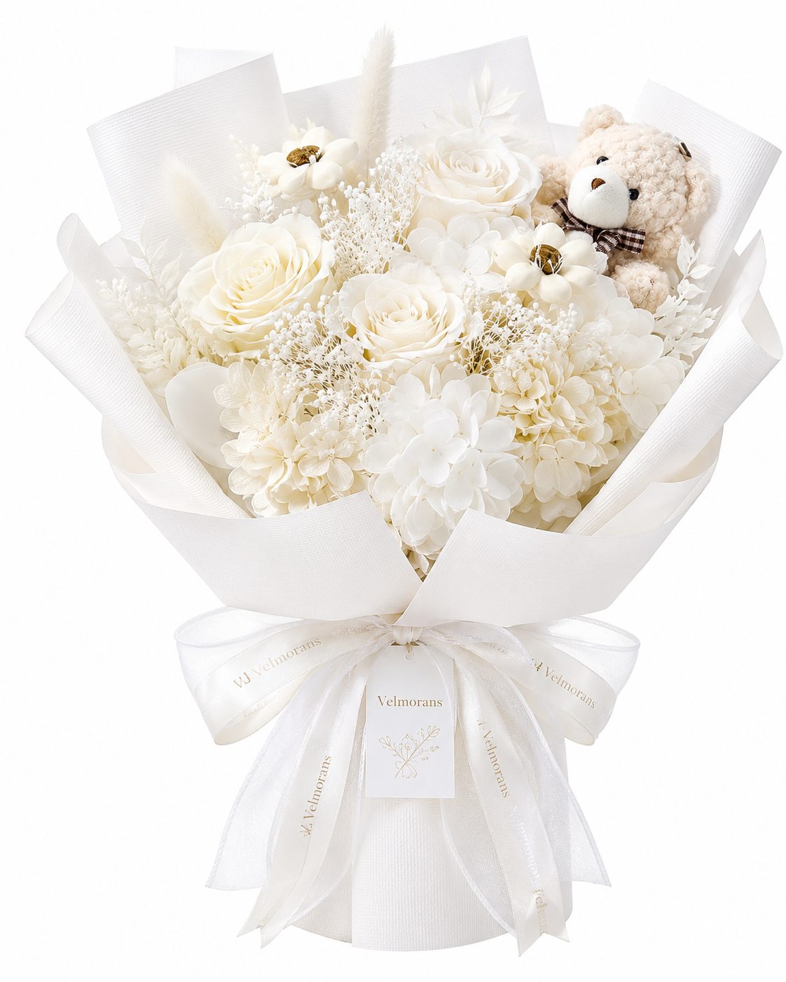 Velmorans Artificial Rose Bouquet with Teddy Bear, 13.4 x 8.86 x 10.43 Inches