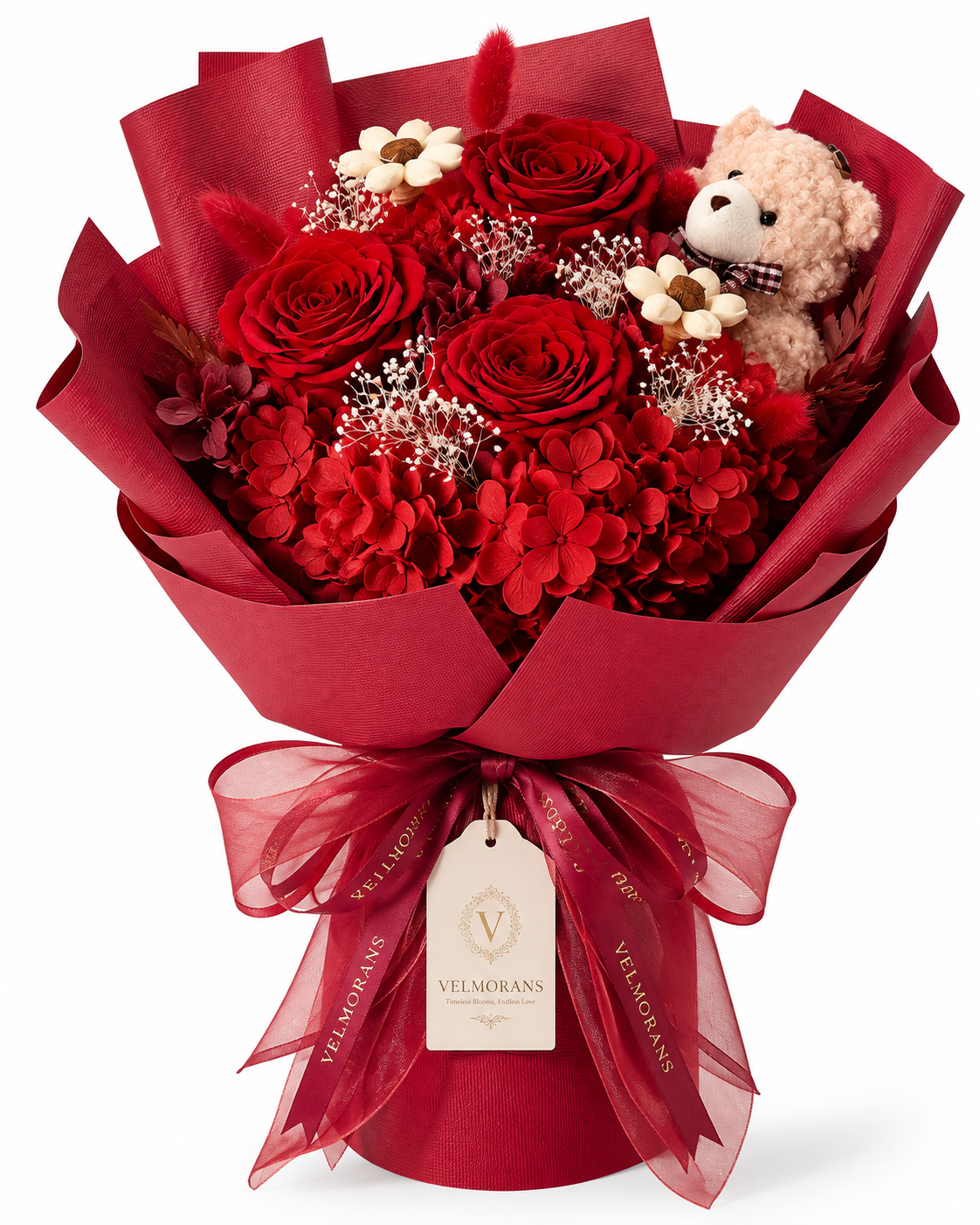 Velmorans Artificial Rose Bouquet with Teddy Bear, 13.4 x 8.86 x 10.43 Inches