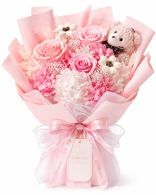 Velmorans Artificial Rose Bouquet with Teddy Bear, Decorative Forever Flower Gift, 13.4 x 8.86 x 10.43 Inches