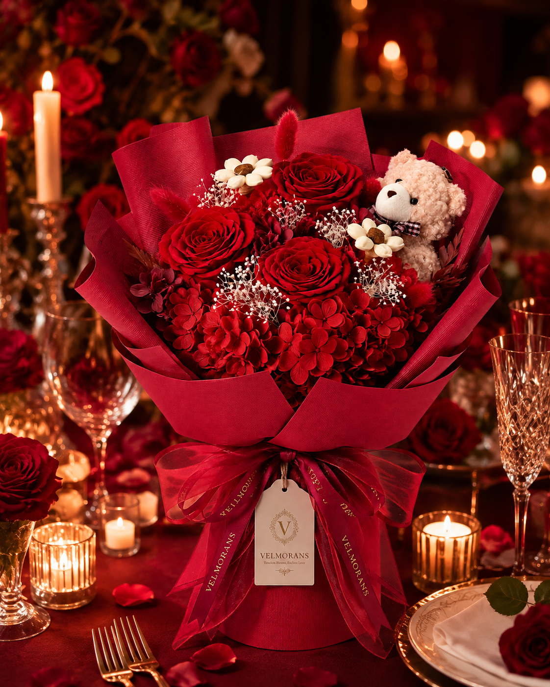 Velmorans Artificial Rose Bouquet with Teddy Bear, 13.4 x 8.86 x 10.43 Inches