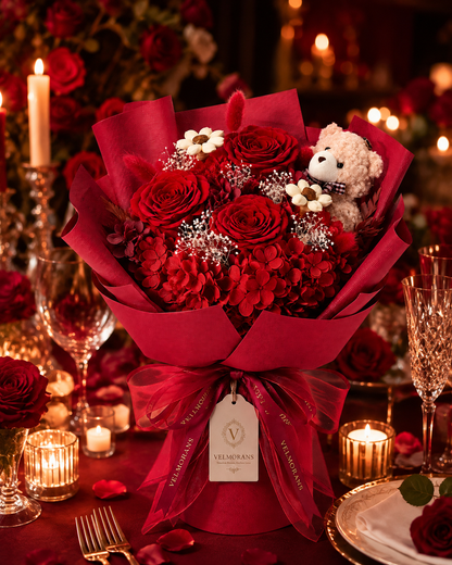 Velmorans Artificial Rose Bouquet with Teddy Bear, 13.4 x 8.86 x 10.43 Inches